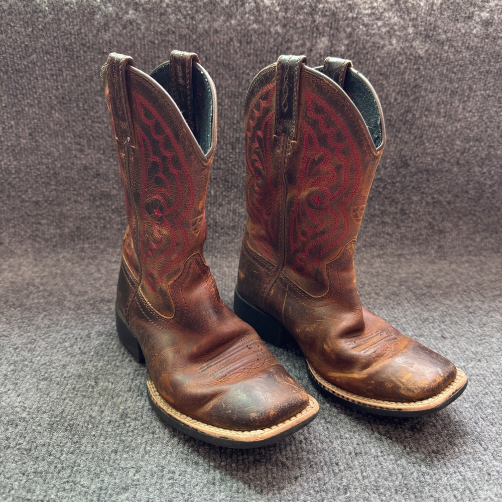 Ariat Kids Brown Leather Red Stitch Square Toe Western Boots 10004853 Size 12